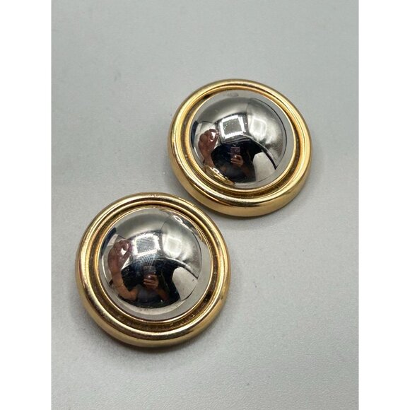 Vintage Signed Napier Clip On Earrings Domed Two Tones Silver Gold Round Buttons - Picture 4 of 7